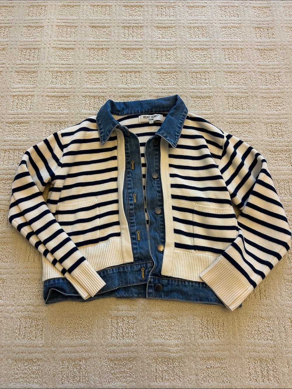 Velvet Heart Cream & Navy Striped Knit Jacket with Denim Collar